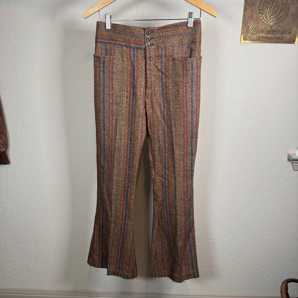 Vintage 70s‎ Style High Waisted Striped Flare Pants Rust Gold Blue Trousers